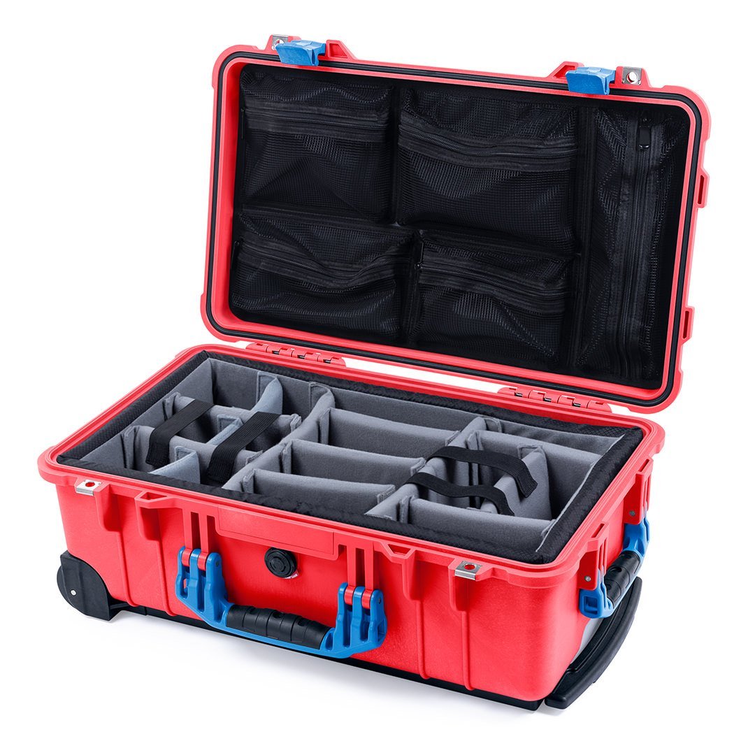 Pelican 1510 Case, Red with Blue Handles &amp; Latches Gray Padded Microfiber Dividers with Mesh Lid Organizer ColorCase 015100-0170-320-120