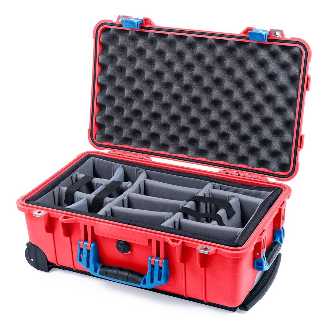 Pelican 1510 Case, Red with Blue Handles &amp; Latches Gray Padded Microfiber Dividers with Convolute Lid Foam ColorCase 015100-0070-320-120
