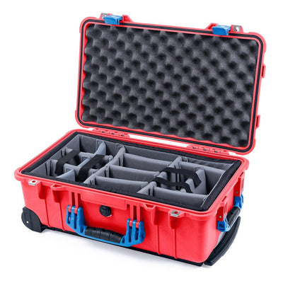 Pelican 1510 Case, Red with Blue Handles & Latches Gray Padded Microfiber Dividers with Convolute Lid Foam ColorCase 015100-0070-320-120