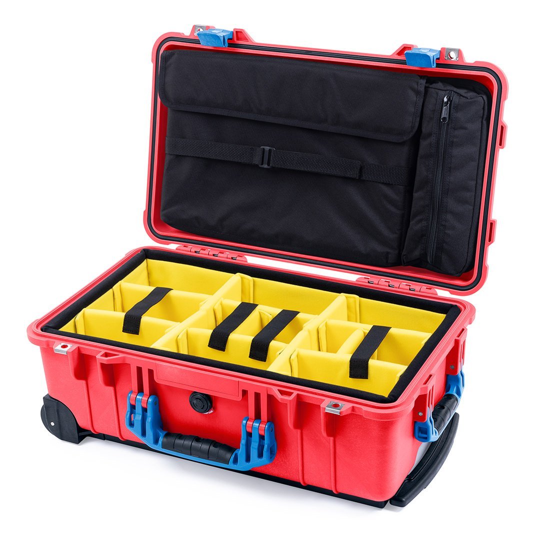 Pelican 1510 Case, Red with Blue Handles &amp; Latches Yellow Padded Microfiber Dividers with Computer Pouch ColorCase 015100-0210-320-120