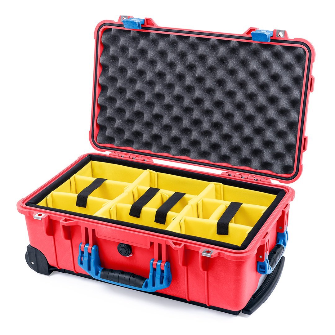 Pelican 1510 Case, Red with Blue Handles &amp; Latches Yellow Padded Microfiber Dividers with Convolute Lid Foam ColorCase 015100-0010-320-120