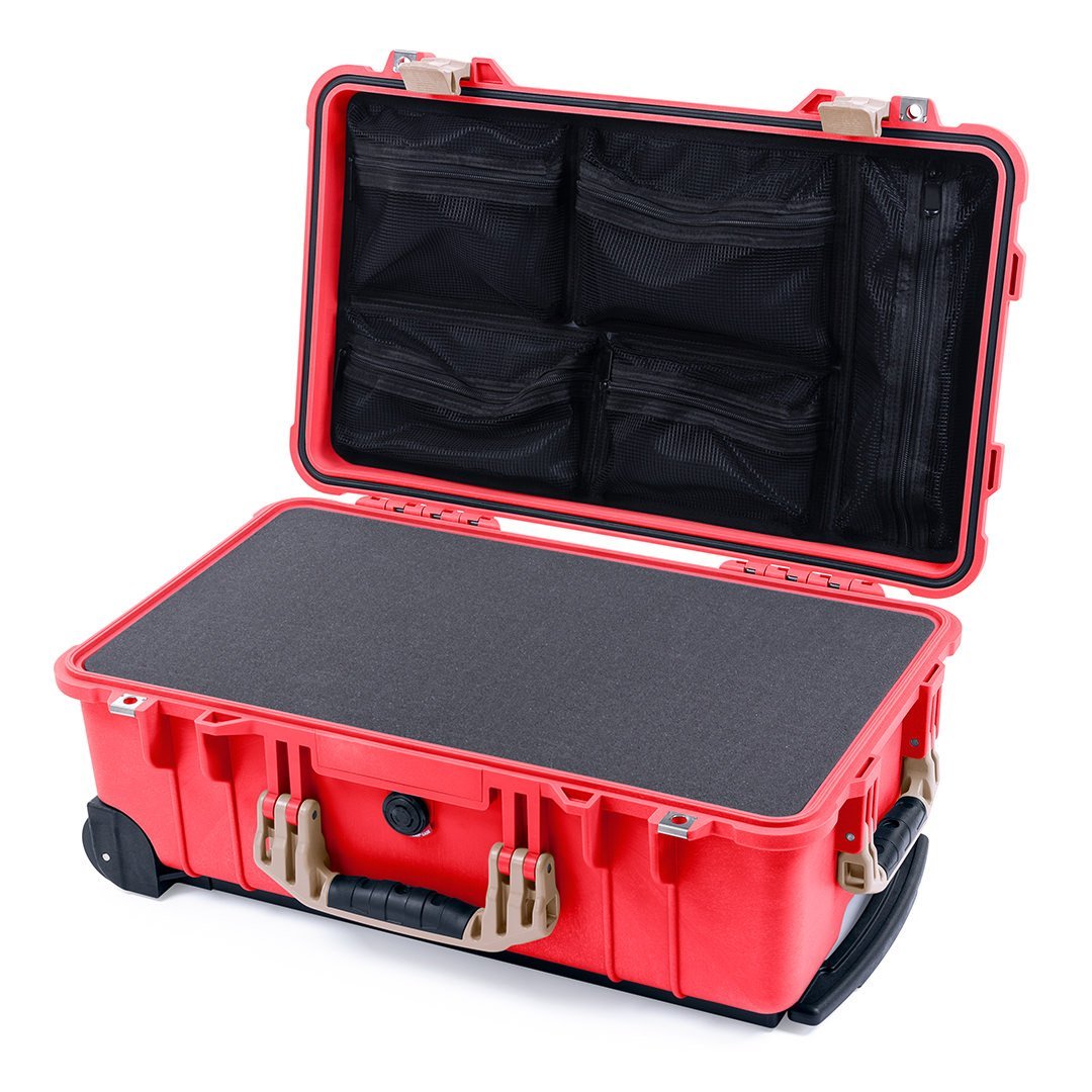 Pelican 1510 Case, Red with Desert Tan Handles &amp; Latches Pick &amp; Pluck Foam with Mesh Lid Organizer ColorCase 015100-0101-320-310