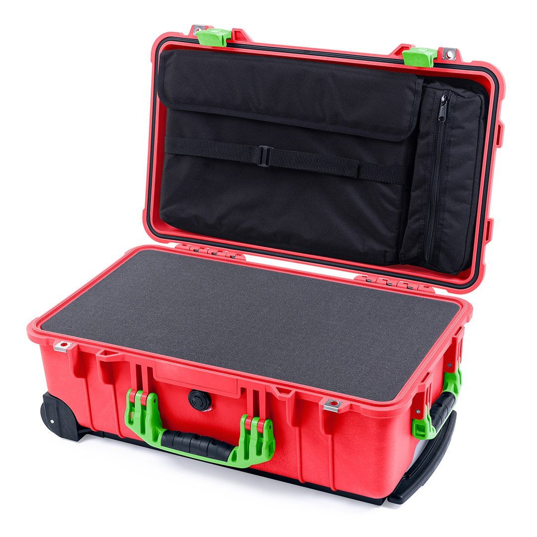 Pelican 1510 Case, Red with Lime Green Handles &amp; Latches Pick &amp; Pluck Foam with Computer Pouch ColorCase 015100-0201-320-300