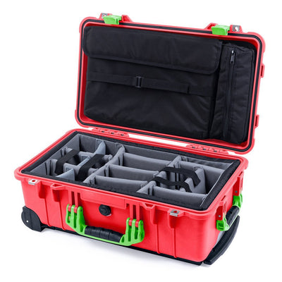 Pelican 1510 Case, Red with Lime Green Handles & Latches Gray Padded Microfiber Dividers with Computer Pouch ColorCase 015100-0270-320-300