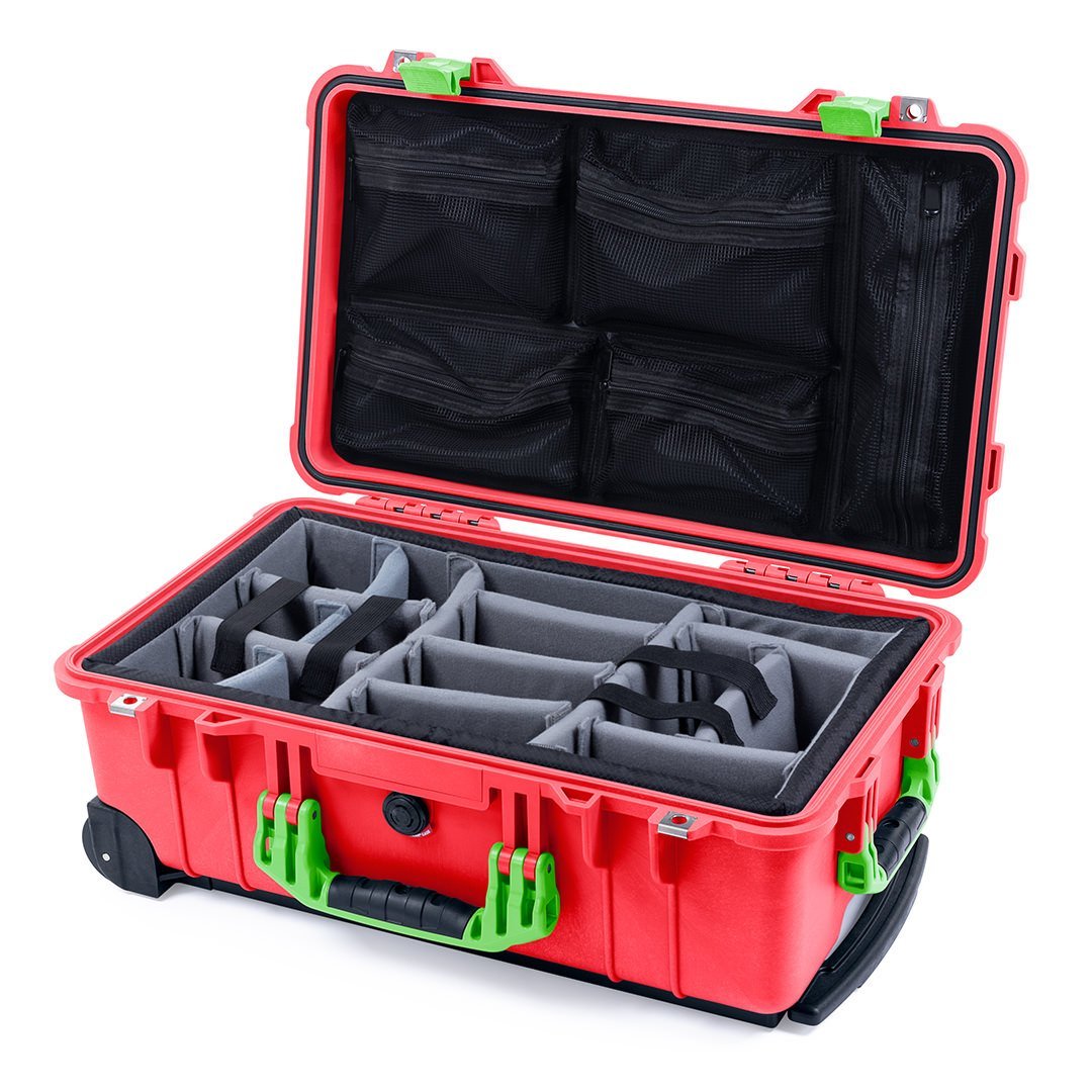 Pelican 1510 Case, Red with Lime Green Handles &amp; Latches Gray Padded Microfiber Dividers with Mesh Lid Organizer ColorCase 015100-0170-320-300
