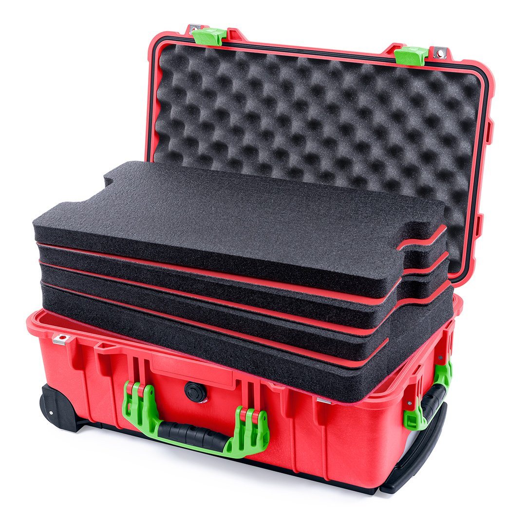 Pelican 1510 Case, Red with Lime Green Handles &amp; Latches Custom Tool Kit (4 Foam Inserts with Convolute Lid Foam) ColorCase 015100-0060-320-300