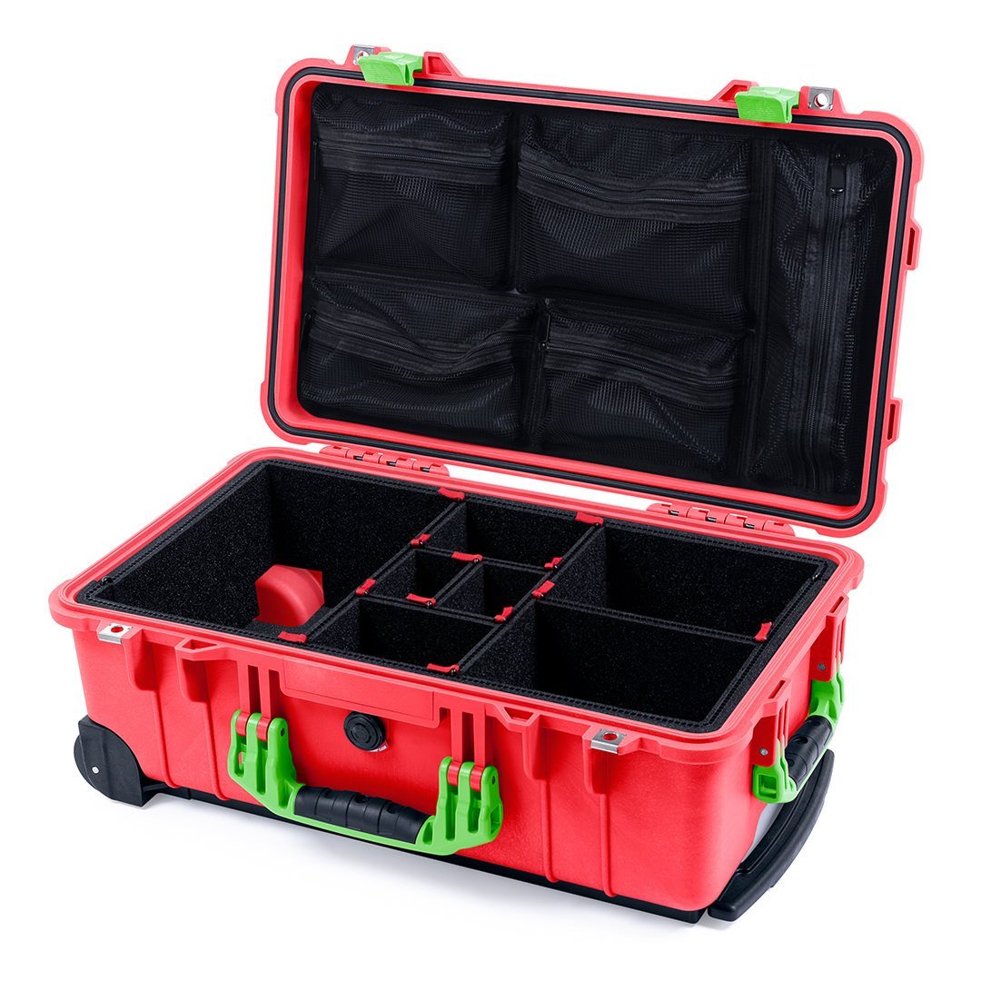 Pelican 1510 Case, Red with Lime Green Handles &amp; Latches TrekPak Divider System with Mesh Lid Organizer ColorCase 015100-0120-320-300