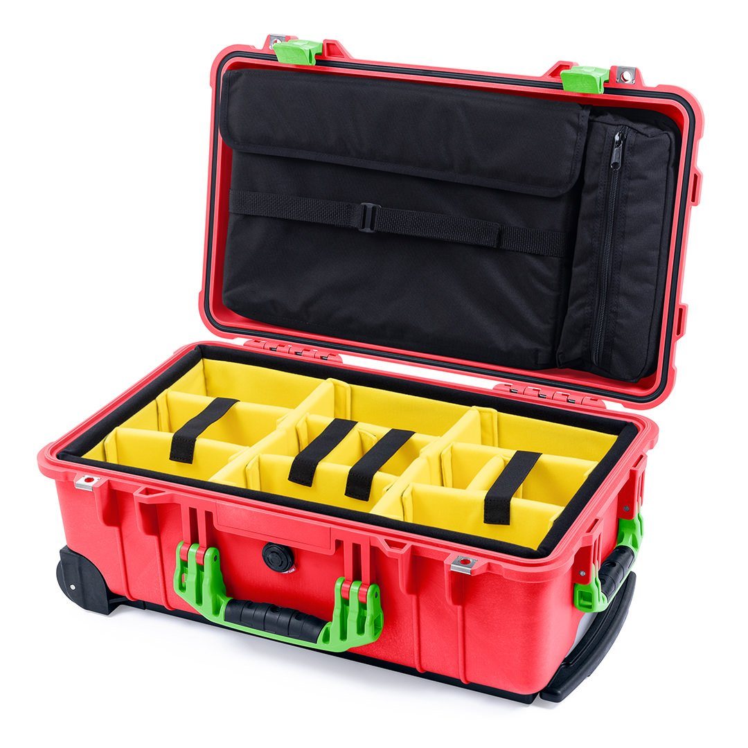 Pelican 1510 Case, Red with Lime Green Handles &amp; Latches Yellow Padded Microfiber Dividers with Computer Pouch ColorCase 015100-0210-320-300