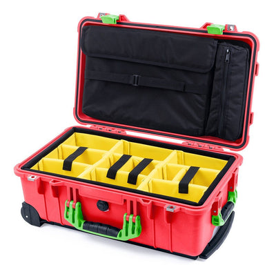 Pelican 1510 Case, Red with Lime Green Handles & Latches Yellow Padded Microfiber Dividers with Computer Pouch ColorCase 015100-0210-320-300