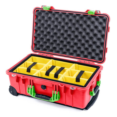 Pelican 1510 Case, Red with Lime Green Handles & Latches Yellow Padded Microfiber Dividers with Convolute Lid Foam ColorCase 015100-0010-320-300