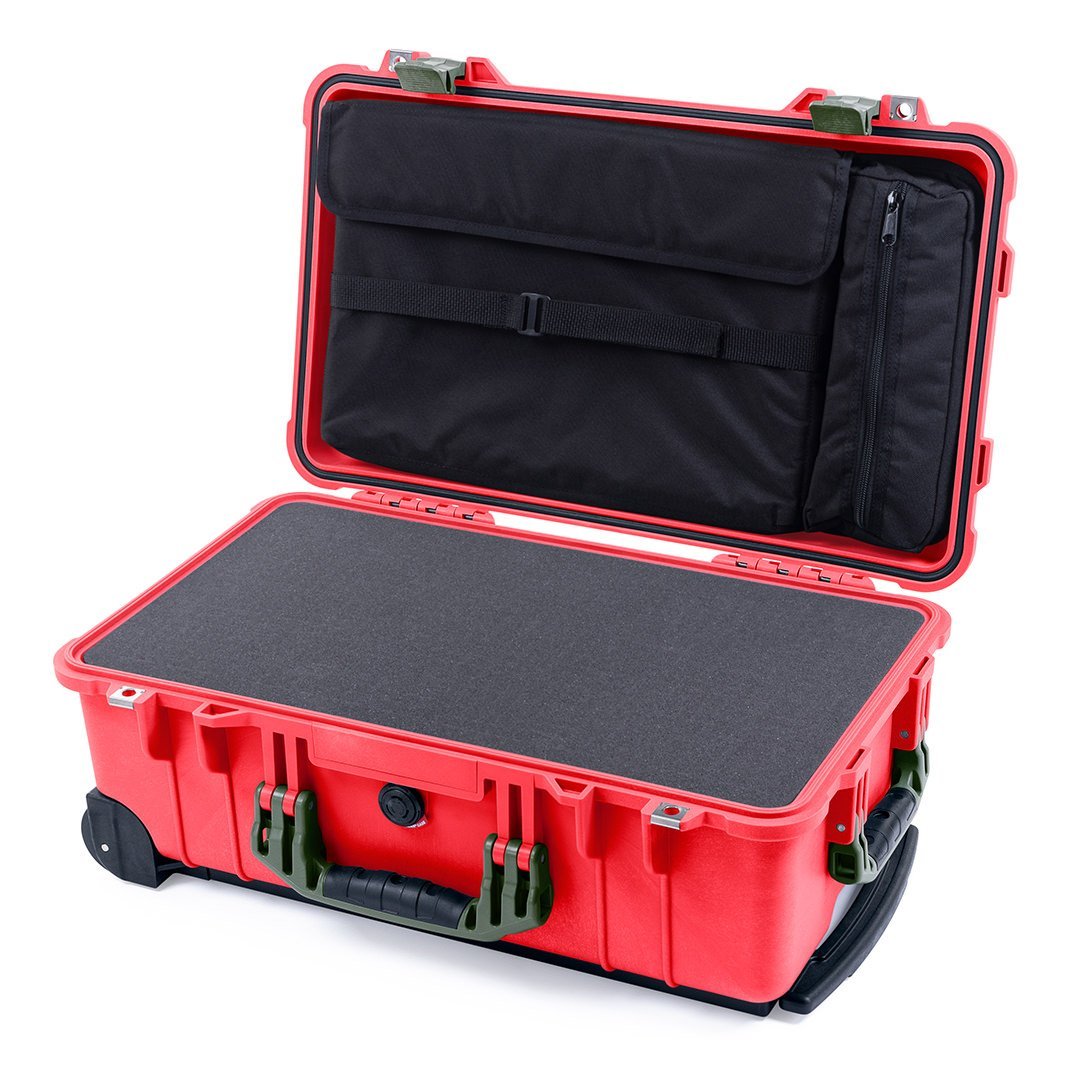 Pelican 1510 Case, Red with OD Green Handles &amp; Latches Pick &amp; Pluck Foam with Computer Pouch ColorCase 015100-0201-320-130