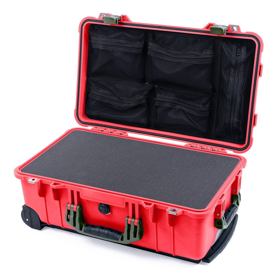 Pelican 1510 Case, Red with OD Green Handles &amp; Latches Pick &amp; Pluck Foam with Mesh Lid Organizer ColorCase 015100-0101-320-130