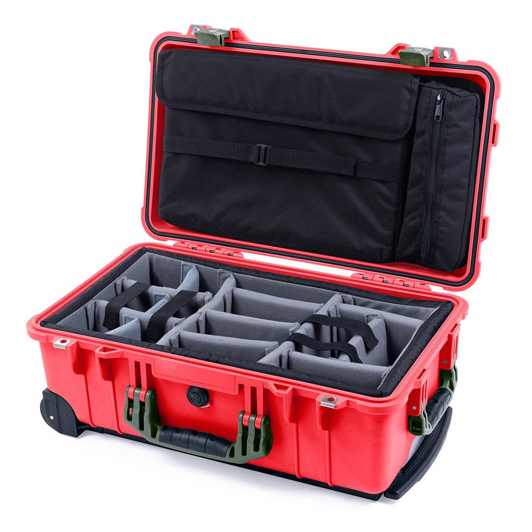 Pelican 1510 Case, Red with OD Green Handles &amp; Latches Gray Padded Microfiber Dividers with Computer Pouch ColorCase 015100-0270-320-130