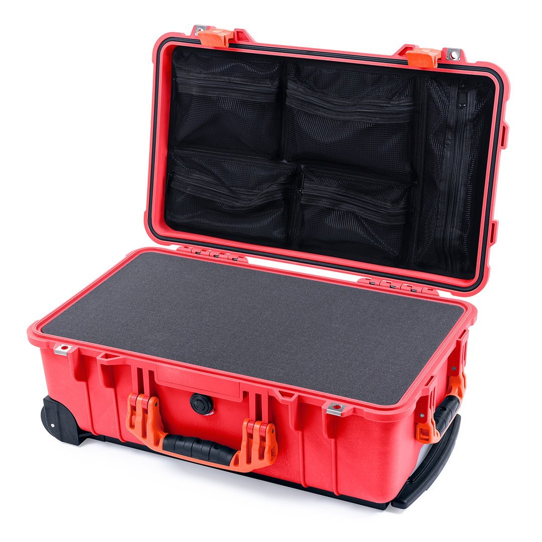 Pelican 1510 Case, Red with Orange Handles &amp; Latches Pick &amp; Pluck Foam with Mesh Lid Organizer ColorCase 015100-0101-320-150