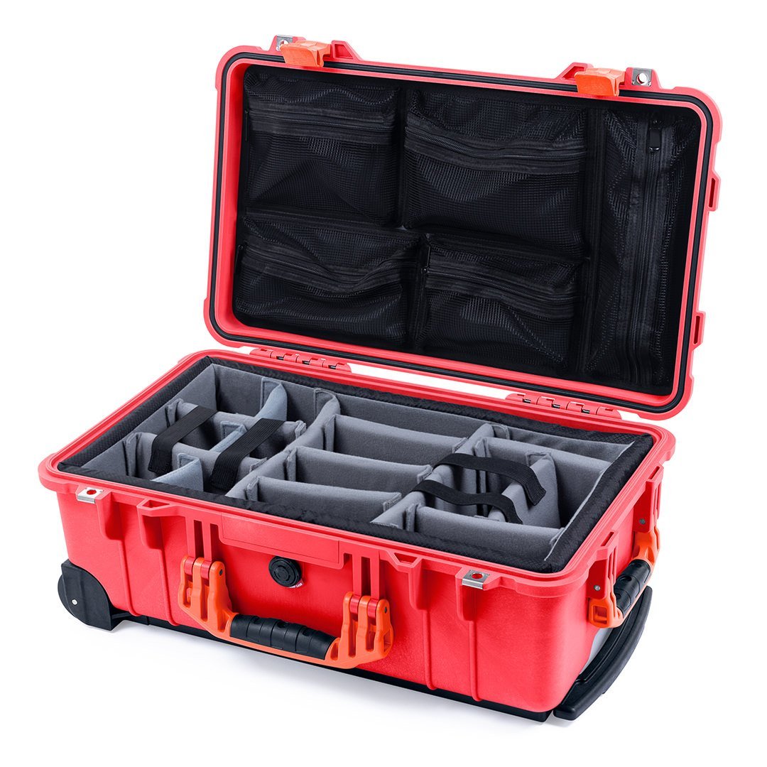 Pelican 1510 Case, Red with Orange Handles &amp; Latches Gray Padded Microfiber Dividers with Mesh Lid Organizer ColorCase 015100-0170-320-150
