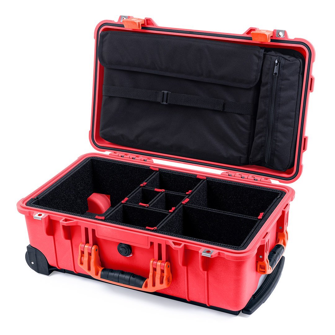 Pelican 1510 Case, Red with Orange Handles &amp; Latches TrekPak Divider System with Computer Pouch ColorCase 015100-0220-320-150