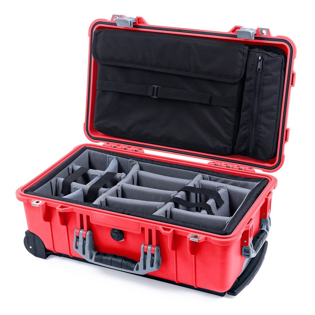Pelican 1510 Case, Red with Silver Handles &amp; Latches Gray Padded Microfiber Dividers with Computer Pouch ColorCase 015100-0270-320-180