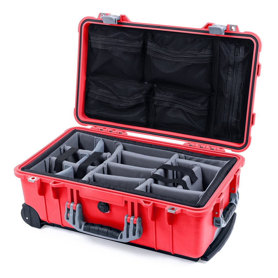 Pelican 1510 Case, Red with Silver Handles &amp; Latches Gray Padded Microfiber Dividers with Mesh Lid Organizer ColorCase 015100-0170-320-180