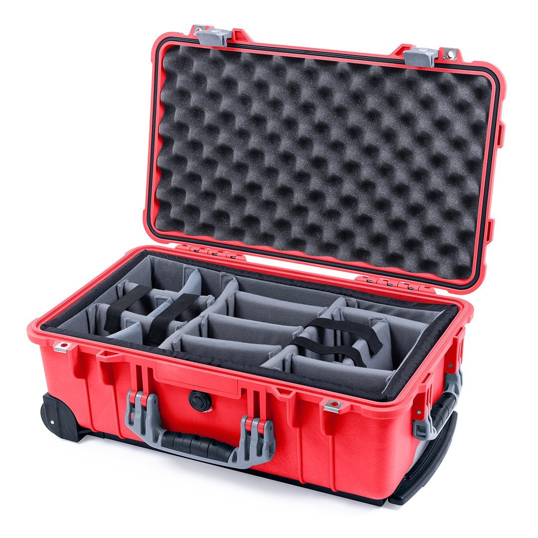 Pelican 1510 Case, Red with Silver Handles &amp; Latches Gray Padded Microfiber Dividers with Convolute Lid Foam ColorCase 015100-0070-320-180