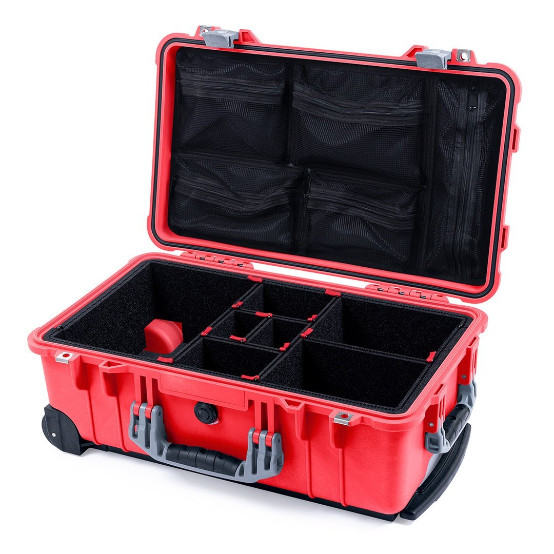 Pelican 1510 Case, Red with Silver Handles &amp; Latches TrekPak Divider System with Mesh Lid Organizer ColorCase 015100-0120-320-180