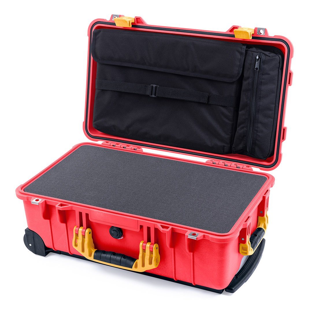 Pelican 1510 Case, Red with Yellow Handles &amp; Latches Pick &amp; Pluck Foam with Computer Pouch ColorCase 015100-0201-320-240
