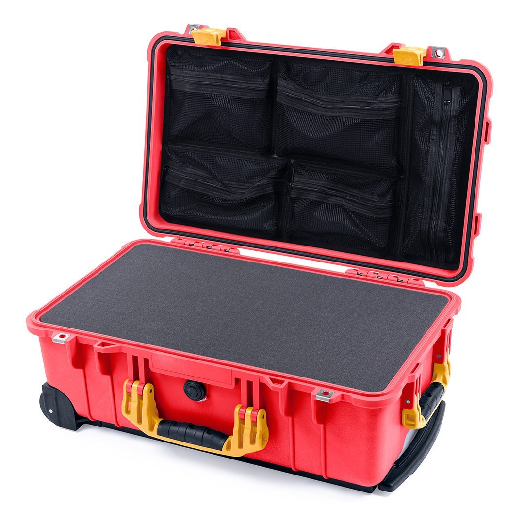 Pelican 1510 Case, Red with Yellow Handles &amp; Latches Pick &amp; Pluck Foam with Mesh Lid Organizer ColorCase 015100-0101-320-240