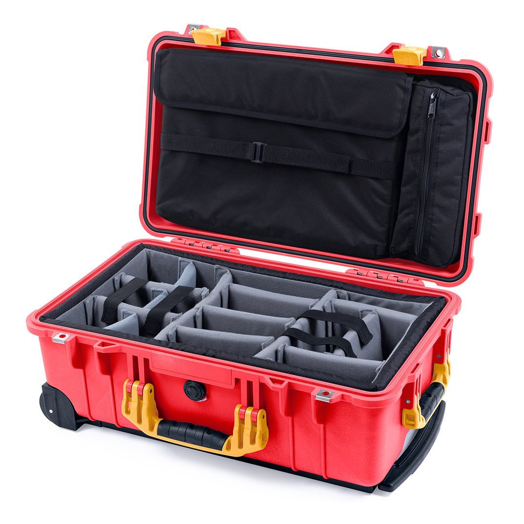 Pelican 1510 Case, Red with Yellow Handles &amp; Latches Gray Padded Microfiber Dividers with Computer Pouch ColorCase 015100-0270-320-240