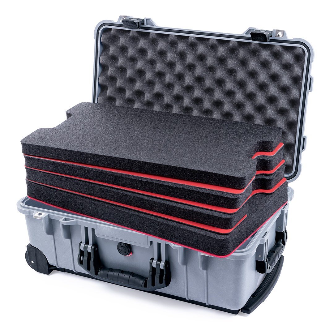 Pelican 1510 Case, Silver with Black Handles & Latches Custom Tool Kit (4 Foam Inserts with Convolute Lid Foam) ColorCase 015100-0060-180-110