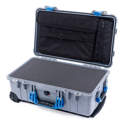 Pelican 1510 Case, Silver with Blue Handles & Latches Pick & Pluck Foam with Computer Pouch ColorCase 015100-0201-180-120