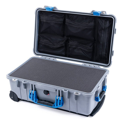 Pelican 1510 Case, Silver with Blue Handles & Latches Pick & Pluck Foam with Mesh Lid Organizer ColorCase 015100-0101-180-120