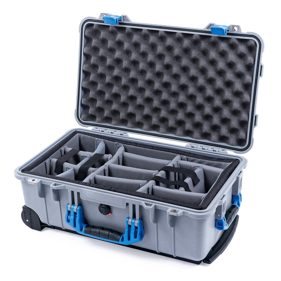 Pelican 1510 Case, Silver with Blue Handles &amp; Latches Gray Padded Microfiber Dividers with Convolute Lid Foam ColorCase 015100-0070-180-120