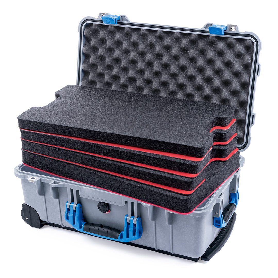 Pelican 1510 Case, Silver with Blue Handles &amp; Latches Custom Tool Kit (4 Foam Inserts with Convolute Lid Foam) ColorCase 015100-0060-180-120