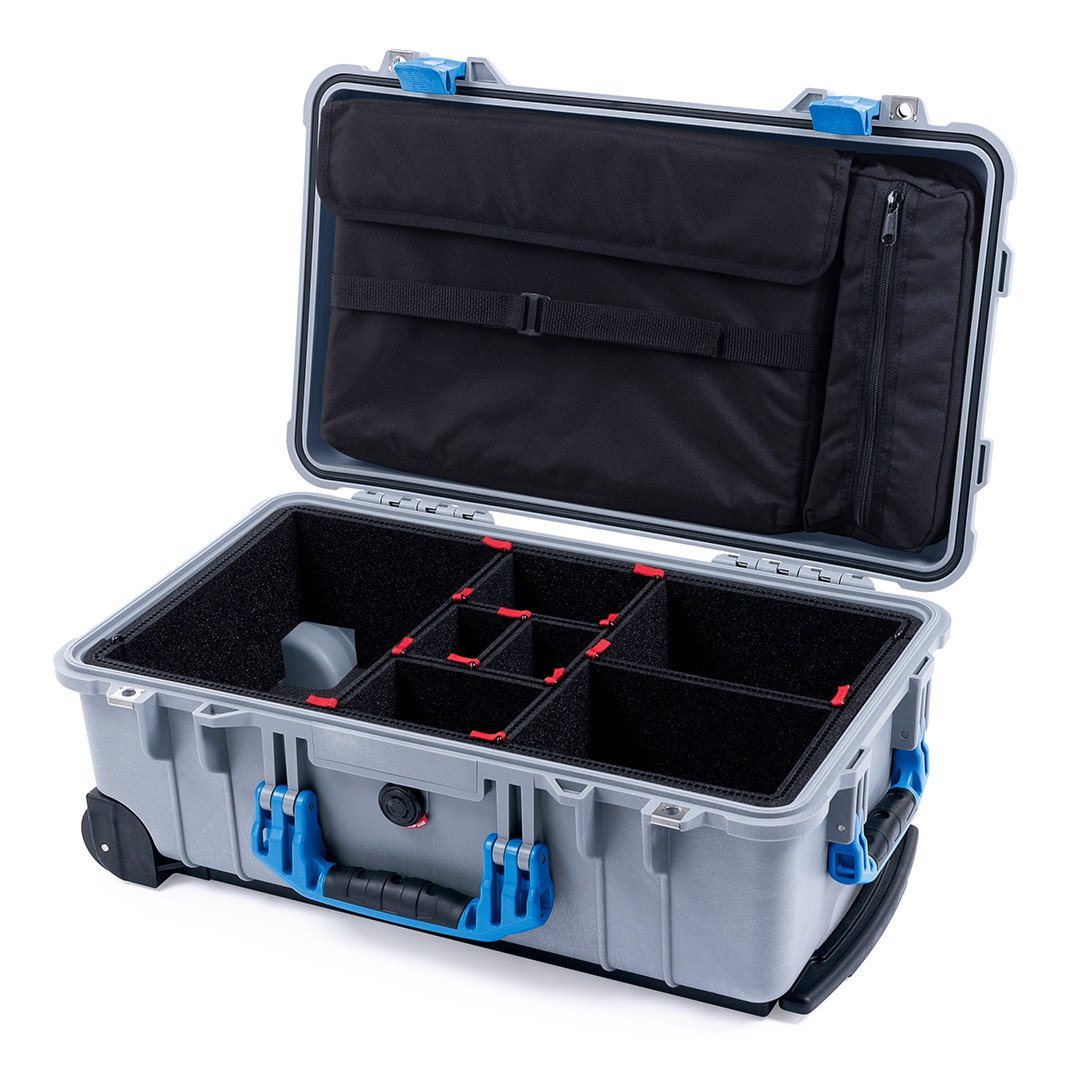 Pelican 1510 Case, Silver with Blue Handles &amp; Latches TrekPak Divider System with Computer Pouch ColorCase 015100-0220-180-120
