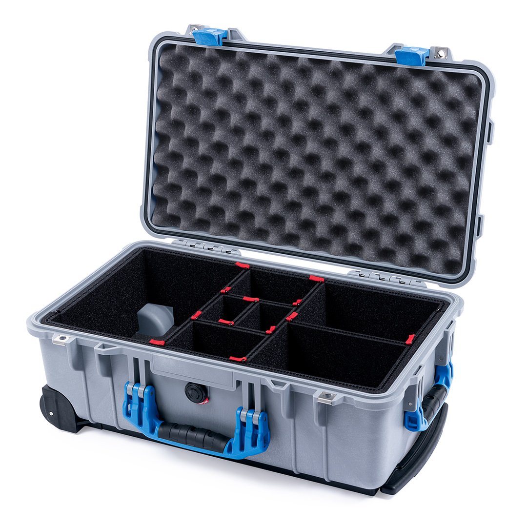 Pelican 1510 Case, Silver with Blue Handles &amp; Latches TrekPak Divider System with Convolute Lid Foam ColorCase 015100-0020-180-120
