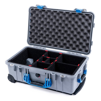 Pelican 1510 Case, Silver with Blue Handles & Latches TrekPak Divider System with Convolute Lid Foam ColorCase 015100-0020-180-120