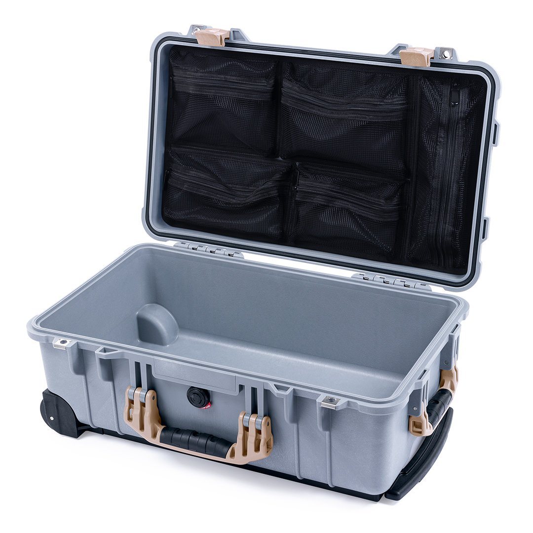Pelican 1510 Case, Silver with Desert Tan Handles &amp; Latches Mesh Lid Organizer Only ColorCase 015100-0100-180-310