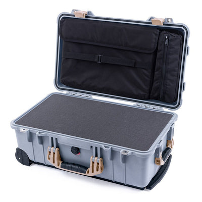 Pelican 1510 Case, Silver with Desert Tan Handles & Latches Pick & Pluck Foam with Computer Pouch ColorCase 015100-0201-180-310