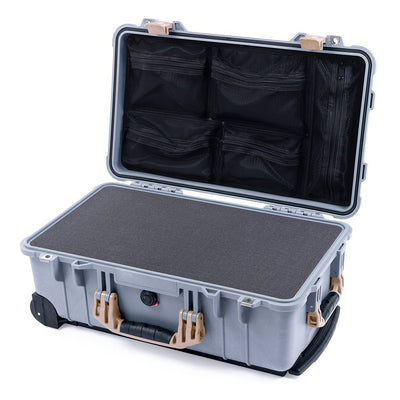 Pelican 1510 Case, Silver with Desert Tan Handles & Latches Pick & Pluck Foam with Mesh Lid Organizer ColorCase 015100-0101-180-310