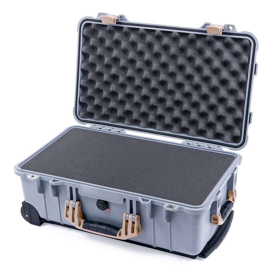 Pelican 1510 Case, Silver with Desert Tan Handles &amp; Latches Pick &amp; Pluck Foam with Convolute Lid Foam ColorCase 015100-0001-180-310