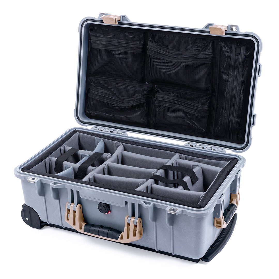 Pelican 1510 Case, Silver with Desert Tan Handles &amp; Latches Gray Padded Microfiber Dividers with Mesh Lid Organizer ColorCase 015100-0170-180-310