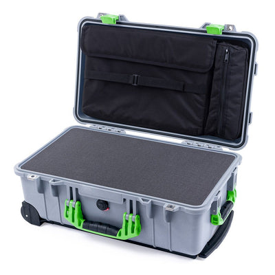 Pelican 1510 Case, Silver with Lime Green Handles & Latches Pick & Pluck Foam with Computer Pouch ColorCase 015100-0201-180-300