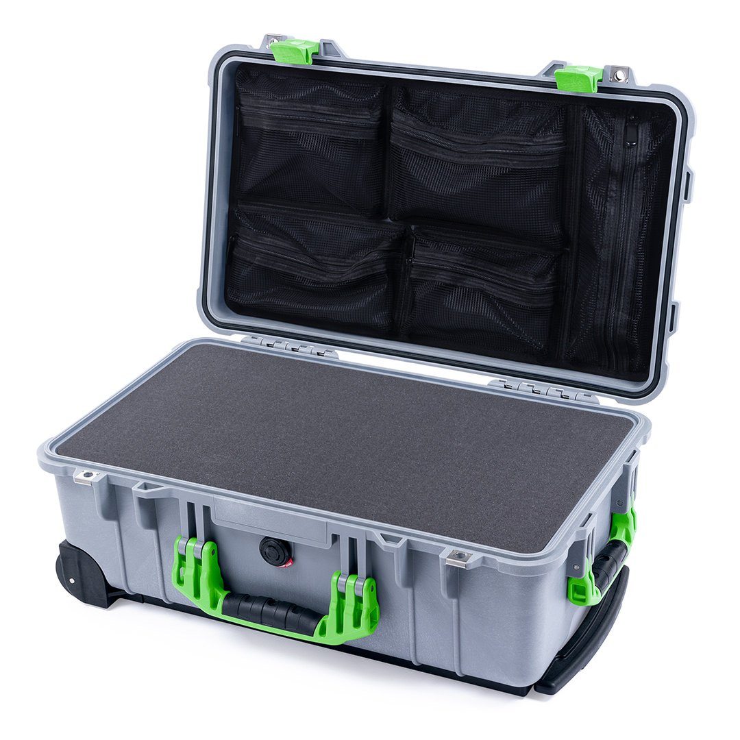 Pelican 1510 Case, Silver with Lime Green Handles &amp; Latches Pick &amp; Pluck Foam with Mesh Lid Organizer ColorCase 015100-0101-180-300