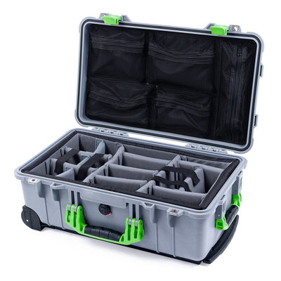 Pelican 1510 Case, Silver with Lime Green Handles & Latches Gray Padded Microfiber Dividers with Mesh Lid Organizer ColorCase 015100-0170-180-300
