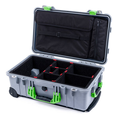 Pelican 1510 Case, Silver with Lime Green Handles & Latches TrekPak Divider System with Computer Pouch ColorCase 015100-0220-180-300