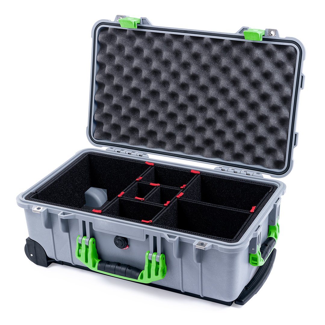 Pelican 1510 Case, Silver with Lime Green Handles &amp; Latches TrekPak Divider System with Convolute Lid Foam ColorCase 015100-0020-180-300