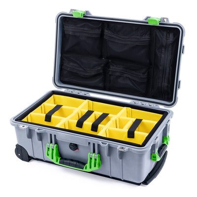 Pelican 1510 Case, Silver with Lime Green Handles & Latches Yellow Padded Microfiber Dividers with Mesh Lid Organizer ColorCase 015100-0110-180-300