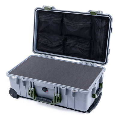Pelican 1510 Case, Silver with OD Green Handles & Latches Pick & Pluck Foam with Mesh Lid Organizer ColorCase 015100-0101-180-130