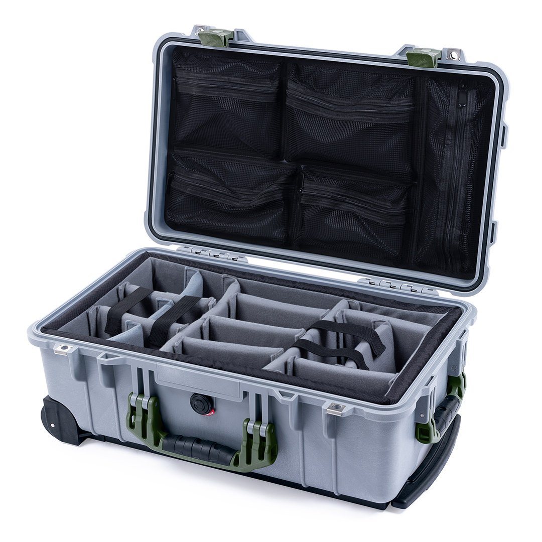 Pelican 1510 Case, Silver with OD Green Handles &amp; Latches Gray Padded Microfiber Dividers with Mesh Lid Organizer ColorCase 015100-0170-180-130