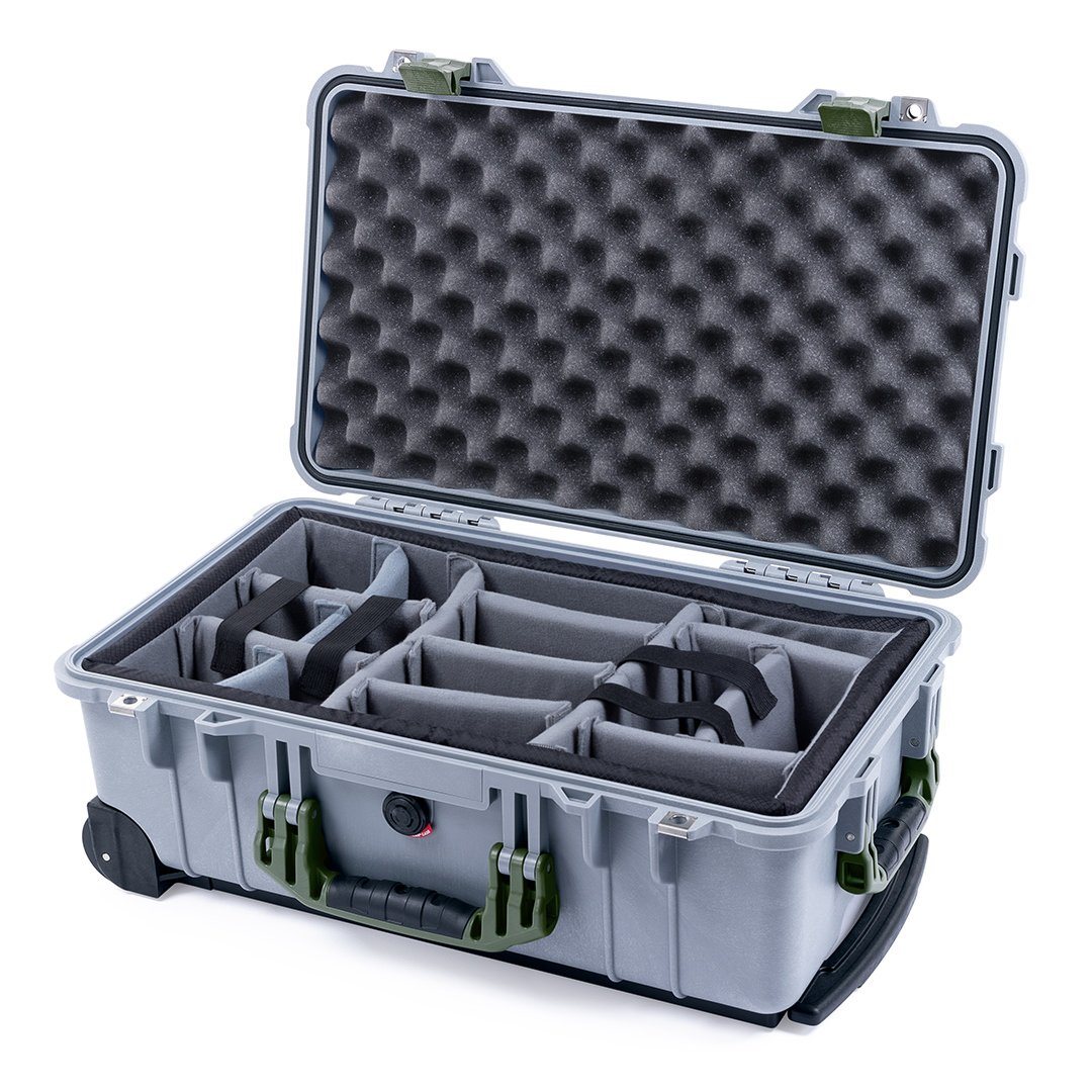 Pelican 1510 Case, Silver with OD Green Handles &amp; Latches Gray Padded Microfiber Dividers with Convolute Lid Foam ColorCase 015100-0070-180-130