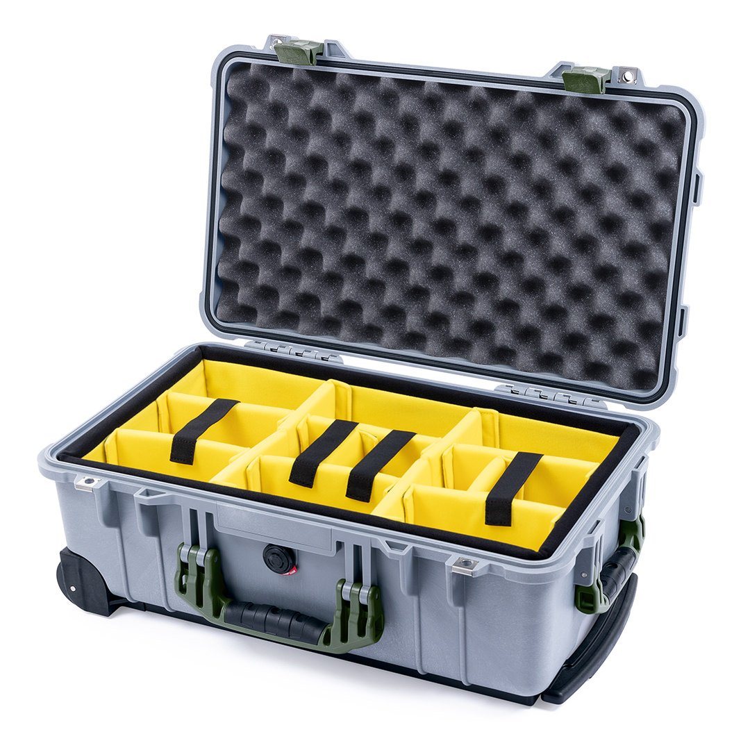 Pelican 1510 Case, Silver with OD Green Handles &amp; Latches Yellow Padded Microfiber Dividers with Convolute Lid Foam ColorCase 015100-0010-180-130